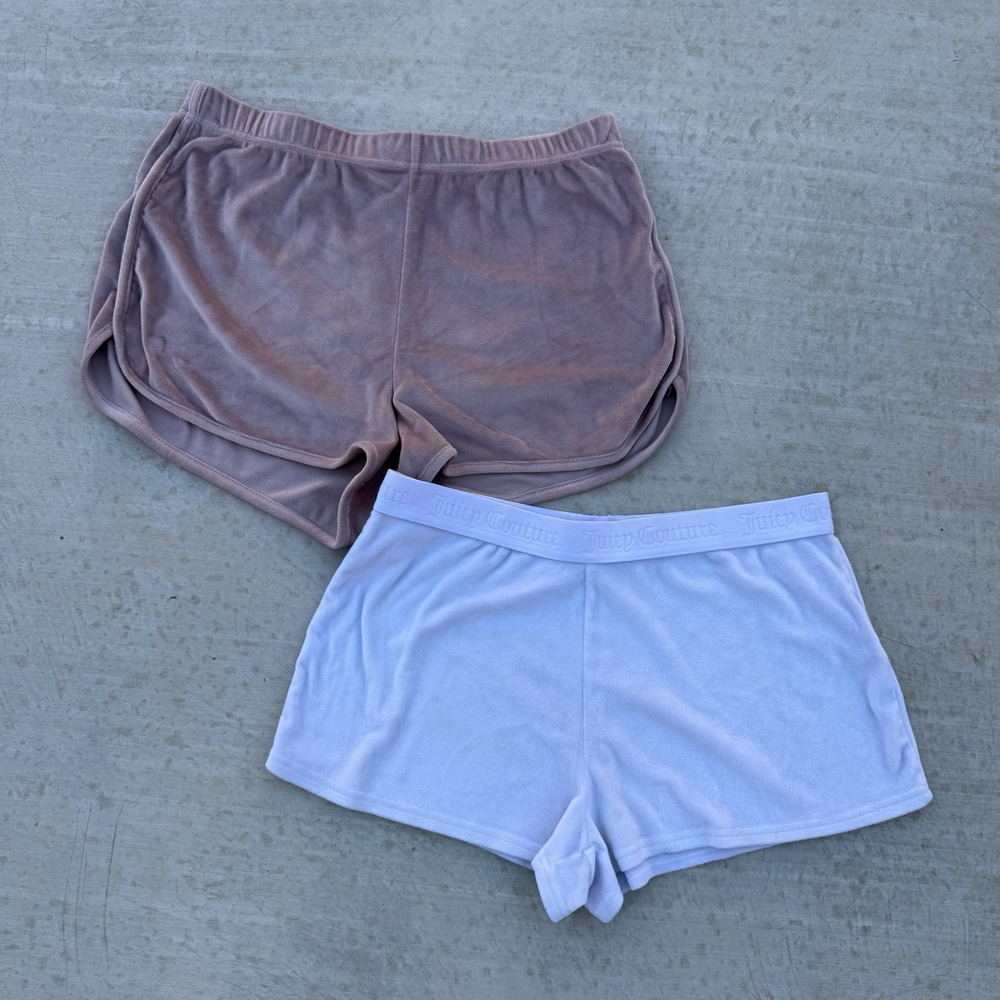 Pair Juicy Couture Sleepwear Velour Shorts Pink Womens Size Large Spell Out Logo - Picture 6 of 6
